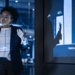 a sales coach presents stats to her field force