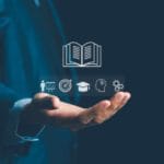 A stylised image of a hand holding images representing learning, goals, and sales