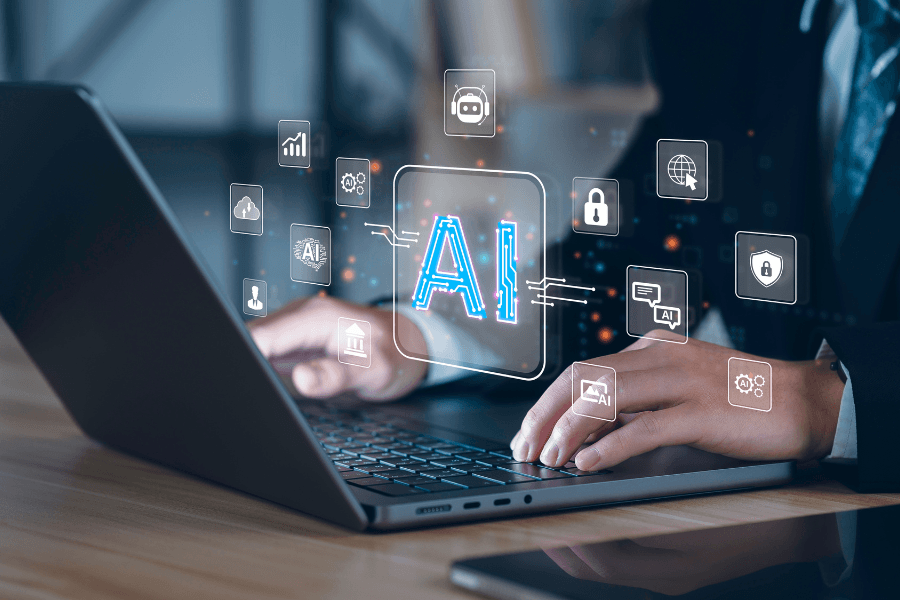 a stylised image of AI above a laptop 