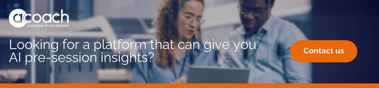 Banner with text "Looking for a platform that can give you AI pre-session insights?" and a 'Contact us' button beside two colleagues working on a laptop