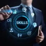 A man interacts with a stylised image representing skills growth