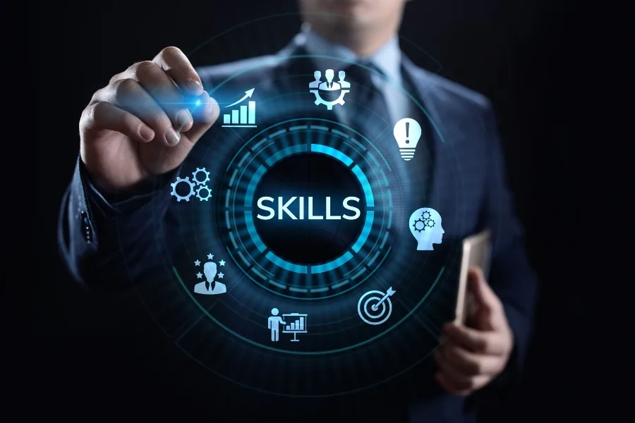 A man interacts with a stylised image representing skills growth
